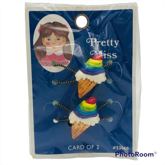 NOS Vintage Pretty Miss Tip Top Card of 2 Rainbow Ice Cream Cone Hair Elastics - Picture 1 of 3